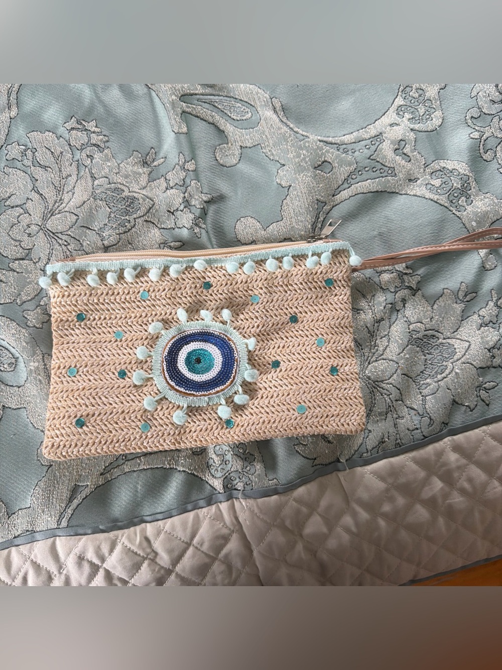 Woven Straw Wristlet Clutch with Blue Eye Embroidery